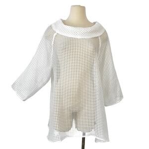 IC Collection Cowl Neck 3/4 Sleeves Sheer Mesh Tunic Top White 1X